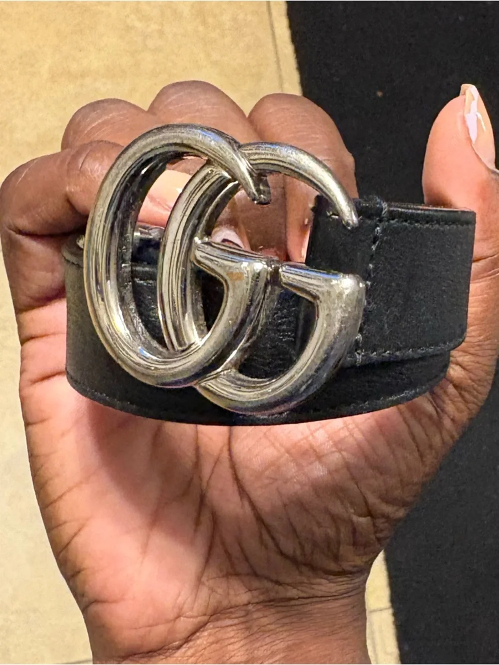 Kids Black Leather Gucci Belt with Interlocking Silver Buckle